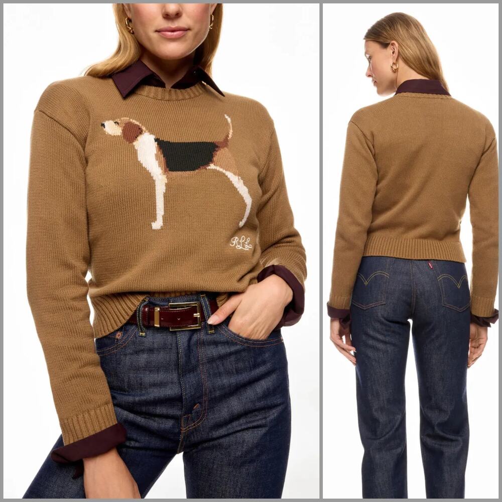 Lauren Ralph Lauren Instarsia-Knit Beagle Cotton Jumper Sweater brown M - Picture 1 of 10
